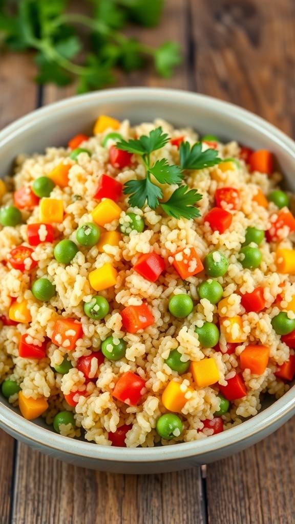 A bowl of quinoa with mixed vegetables, garnished with parsley, on a rustic table.
